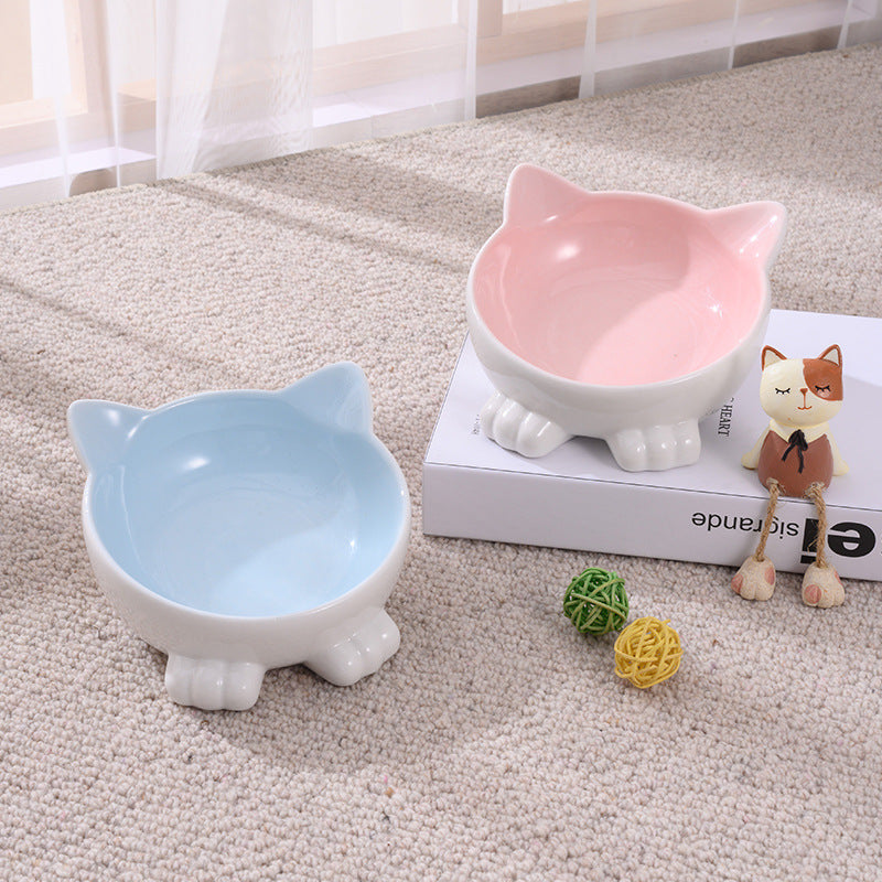 Cartoon Cat Face Figurine Ceramic High-foot Bowl Protect Cervical Drinking Bowl Cat Food Utensils Pet Cat Bowl Pet Supplies